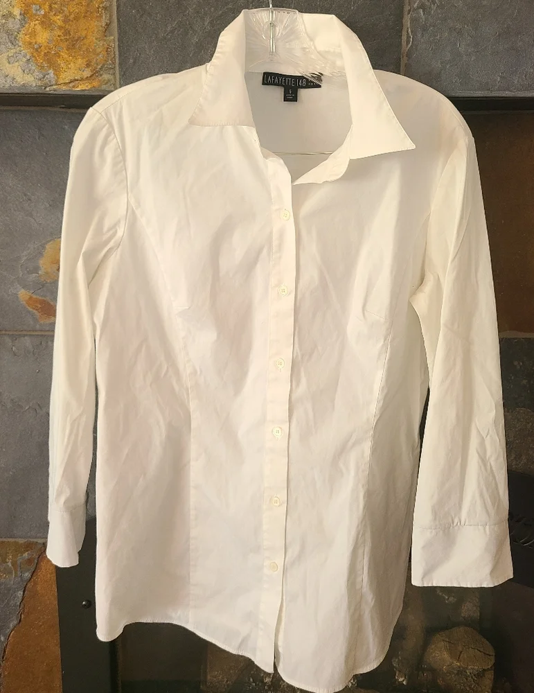 Lafayette 148 New York White Button Down Shirt sz 6 stripped accent sleeve cuffs - Picture 5 of 8